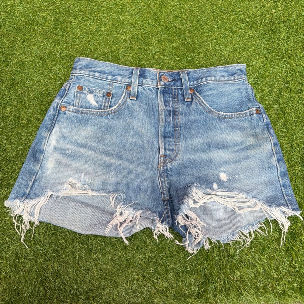 Levis 501 Premium Womens High Rise Distressed Cut Off Denim Shorts Blue W25